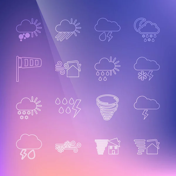 Set line Tornado swirl, Storm, Cloud with snow and lightning, rain, Cone meteorology windsock wind vane, Cloudy and sun icon. Vector — Stock Vector