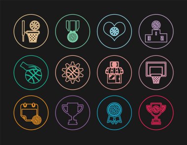 Basketbol topu, basketbol sedyesi, Kalp, Planlama strateji konsepti, El, Spor mağazası ve madalya ikonu içeren çizgi ödülü kupası. Vektör