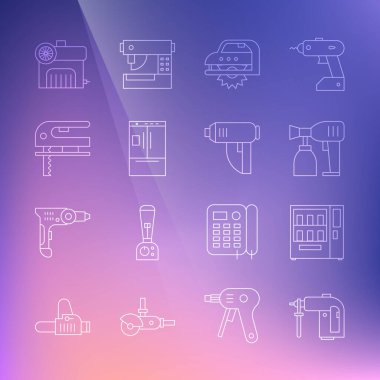 Rotary çekiç matkabı, tornavida, boya spreyi elektrikli testere, buzdolabı, yapboz, hava kompresörü ve endüstriyel kurutma ikonu ayarlayın. Vektör