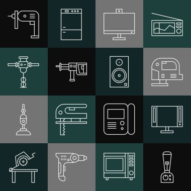 Hat Blender, Smart Tv, elektrikli yapboz, bilgisayar monitörü, döner çekiç matkabı, inşaat matkabı ve Stereo hoparlör ikonu. Vektör