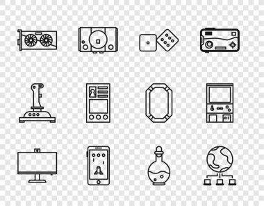 Satır bilgisayar monitörü, ağ, oyun zarları, mobil ve oyunda oynanan oyun, Video grafik kartı, hesap ekranı, sihirli iksir ve Retro atari makinesi ikonu ile şişe oluştur. Vektör
