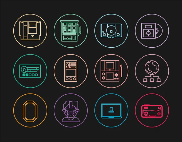 Set Line Mobile und spielen in Spiel, Computernetzwerk, Videokonsole, Erstellen Sie Kontoschirm, Patrone, tragbares Video und Spielautomat-Symbol. Vektor — Stockvektor