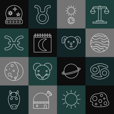 Asteroid, Kanser Burcu, Venüs Gezegeni, Gündönümü, Ay evreleri takvimi, Balık, Sihirli Top ve Köpek ikonu. Vektör