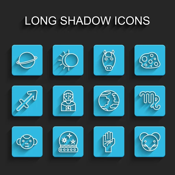 Set line Monkey zodiac, Magic ball, Planet Saturn, Palmistry of the hand, Rat, Astrology woman, Virgo και Mercury icon. Διάνυσμα — Διανυσματικό Αρχείο
