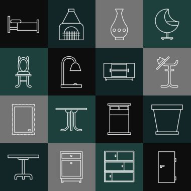 Kapalı kapılar, saksı, palto standı, vazo, masa lambası, sandalye, yatak ve televizyon masa ikonu. Vektör