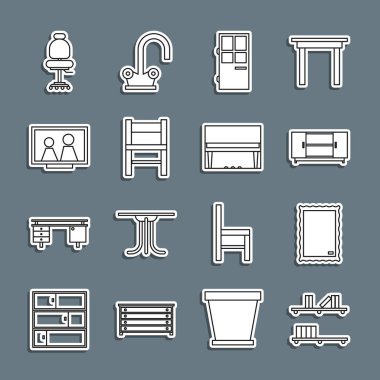 Rafları kitap, resim, televizyon masası standı, kapalı kapı, sandalye, çerçeve, ofis sandalyesi ve büyük piyano ikonu ile ayarla. Vektör