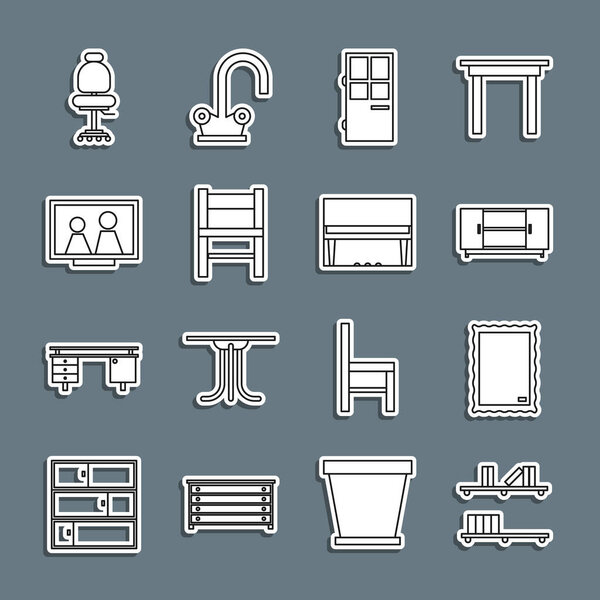 Set line Shelf with books, Picture, TV table stand, Closed door, Chair, frame on, Office chair and Grand piano icon. Vector