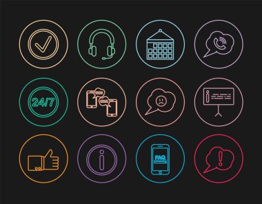 Konuşma baloncuğu Ünlem, Bilgi, Takvim, Sohbet mesajları, Saat 24 saat, üzgün gülümseme ve kulaklık simgesi ile işaretle işaretle. Vektör