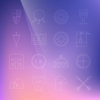 Orta Çağ 'dan kalma çapraz oklar, yuvarlak tahta kalkan, kova, eski tekerlek, kral tacı, bayrak, kalkan ve ikon. Vektör