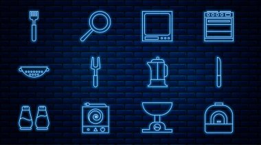 Fırın, Bıçak, Elektronik teraziler, Barbekü Çatalı, Mutfak süzgeci, Çatal, Fransız presi ve Kızartma Tavası ikonu. Vektör
