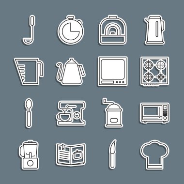 Şef şapkası, mikrodalga fırın, gaz ocağı, fırın, tutacağı, ölçü kabı, mutfak kepçesi ve elektronik ölçek ikonu. Vektör