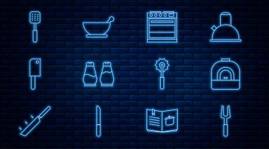 Barbekü çatalı, fırın, tuz ve biber, et helikopteri, Spatula, pizza bıçağı ve havan topu ikonu. Vektör