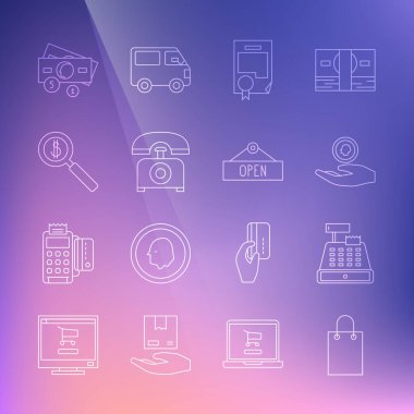 Alış-veriş çantası, yazar kasa makinesi, bozuk para tutan el, sertifika şablonu, telefon, büyüteç parası, kağıt para yığını ve Açık simgeyle asılma tabelası. Vektör