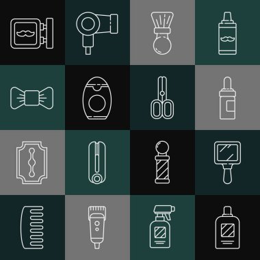 Şampuan şişesi, el aynası, sakal bıyığı yağ şişesi, tıraş fırçası, papyon, berber dükkanı ve makas kuaförü ikonu. Vektör