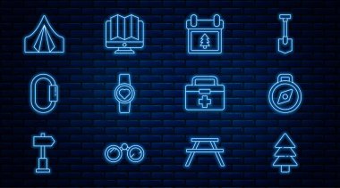 Hat Ağacı, Pusula, Ağaçlı Takvim, Kalp atışlarını gösteren akıllı saat, Karabinalı, Turist Çadırı, İlk yardım çantası ve orman izleme ikonunun yeri. Vektör