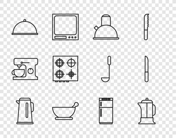 Set línea hervidor con mango, prensa francesa, mortero, bandeja cubierta, estufa de gas, refrigerador y cuchillo icono. Vector — Archivo Imágenes Vectoriales