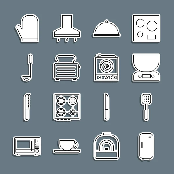 Σετ γραμμή Ψυγείο, Σπάτουλα, Ηλεκτρονικές κλίμακες, Καλυμμένο με δίσκο, τοστιέρα, Κουζίνα κουτάλα, γάντια φούρνου και ηλεκτρικό εικονίδιο σόμπα. Διάνυσμα — Διανυσματικό Αρχείο