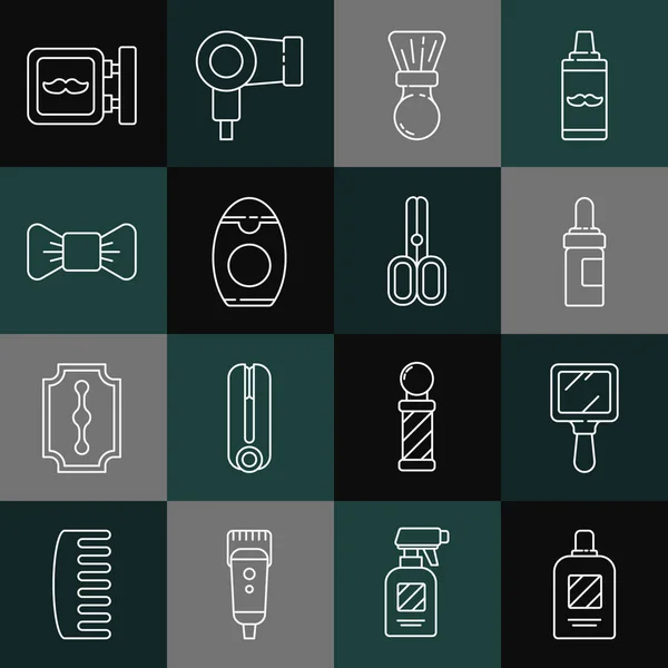 Set lijn Fles shampoo, Handspiegel, Baard snorren verzorging olie fles, Scheerkwast, strik, kapsalon en schaar kappers icoon. Vector — Stockvector