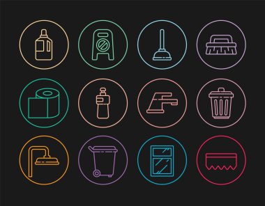 Kabarcıklı sünger, çöp tenekesi, plastik lavabo pompası, bulaşık deterjanı, tuvalet kağıdı rulosu, kumaş yumuşatıcı, su musluğu ve ıslak zemin ve temizlik süreci ikonu. Vektör