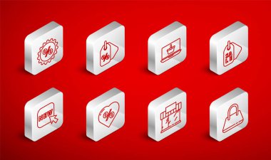 Satır Çantası, İndirim yüzde etiketi, dizüstü bilgisayarda alışveriş sepeti, İndirimli Fiyat, inşaat veya market, kalp ve düğme simgesi. Vektör