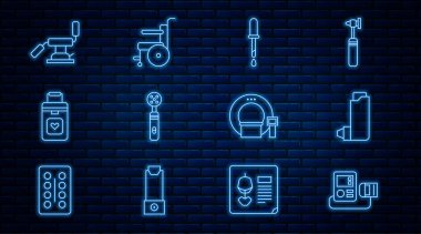 Kan basıncını, solunum cihazını, Pipette 'i, elektrikli diş fırçasını, organ konteynırını, dişçi koltuğunu, tomografiyi ve engelli insan ikonu için tekerlekli sandalyeyi ayarla. Vektör