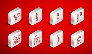 Kamp hattı, gaz ocağı, avcı bıçağı, votka şişesi, tahta balta, ok, sapan, kar maskesi ve turist çadırı ikonu. Vektör