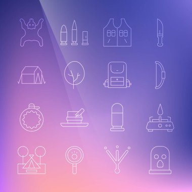 Sıralı kar maskesi, kamp gaz ocağı, yay, av ceketi, ağaç, turist çadırı, ayı derisi ve yürüyüş sırt çantası ikonu. Vektör