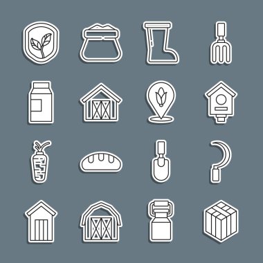 Bale of hay, Sickle, Bird House, Su geçirmez lastik bot, Çiftlik, süt için kağıt paketi, Yapraklı Kalkan ve mısır ikonu. Vektör