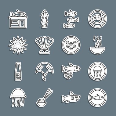 Tabakta servis edilen balık, denizanası, ahtapot çorbası, karides, deniz kestanesi, deniz kestanesi, deniz ürünleri ve havyar ikonu. Vektör