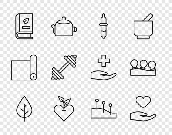 Set line Leaf, Heart in hand, Pipette, Medical book, Dumbbell, Acupuncture therapy and Vacuum cans icon. Διάνυσμα — Διανυσματικό Αρχείο