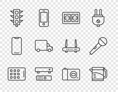 Hat grafiksel tablet, elektrikli çaydanlık, elektrik prizi, Multimedya ve TV kutusu, trafik ışığı, teslimat kamyonu, fotoğraf makinesi ve mikrofon ikonu. Vektör