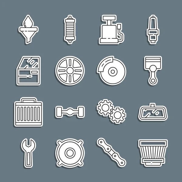 Set line Car air filter, mirror, Engine piston, pump, Alloy wheel, door, Funnel and oil drop and brake disk with caliper icon. Vector — Stock Vector