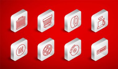 Hat Car Audio, hava filtresi, lastik, pompa, fren diski kalibre, radyatör soğutma sistemi, Alloy tekerleği ve vites kutusu simgesini ayarla. Vektör