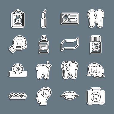 İlk yardım çantası, diş ipi, ağrı kesici tablet, diş macunu, ağız gargarası şişesi ve diş macunu ikonu. Vektör