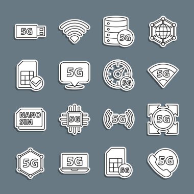 Telefon hattını 5G ağı, Sunucu, Konum, Sim kartı, modem ve Dijital hız ölçer simgesi ile ayarla. Vektör