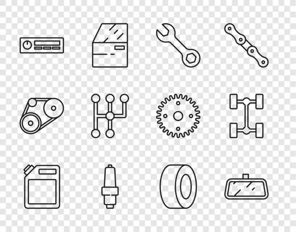 Set line Conteneur pour essence, miroir de voiture, clé à molette, bougie, audio, levier de vitesse, pneu et icône de voiture de châssis. Vecteur — Image vectorielle