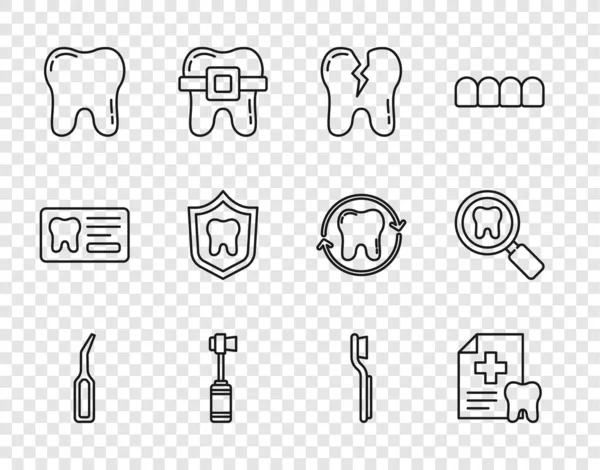 Набор зубных скребок, карточка, сломанный зуб, зубная щетка, защита и иконка поиска. Вектор — стоковый вектор