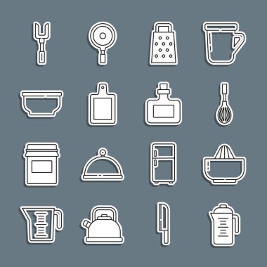 Teapot, Citrus meyve sıkacağı, mutfak çırpıcısı, rende, kesme tahtası, kase, barbekü çatalı ve sos şişesi ikonu. Vektör