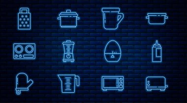 Tost makinesi, sos şişesi, kahve fincanı, blender, gaz sobası, Grater, mutfak zamanlayıcısı ve tencere ikonu. Vektör