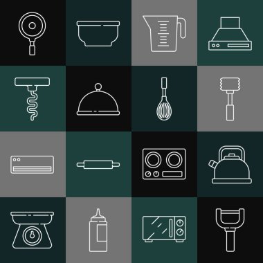 Çizgi Peeler, saplı çaydanlık, mutfak çekici, ölçü kabı, kaplama tepsisi, şarap tirbuşonu, kızartma tavası ve çırpma ikonu. Vektör