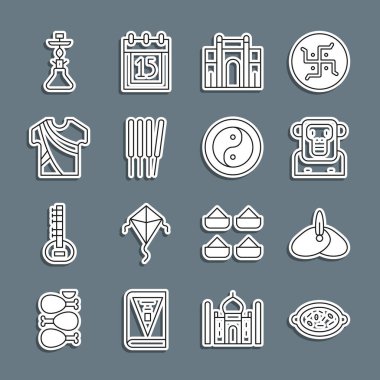 Kheer 'i bir kaseye koyun, Hindistan başlıklı türban, Maymun, Delhi Kapısı, Aroma çubukları, tütsü, erkek elbisesi, Nargile ve Yin Yang ikonu. Vektör