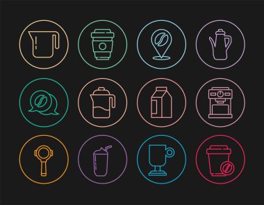 Kahve fincanını, kahve makinesini, kahve çekirdekli mekanı, Fransız basınını, sohbeti, demliği, kahve çekirdeğini ve ikonu koymaya ayarlayın. Vektör