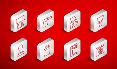 Bir torba kahve, kahve çekirdeği, Türk kahvesi, V60, makine, bardakta su, bardak ve kurutma ikonu. Vektör