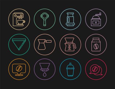 Hattı ayarlayın Kahve ve sohbet, Çanta kahve çekirdekleri, Uçak, Türk, kağıt filtresi, makine, Yapıcı ve tutucu ikonu dökün. Vektör