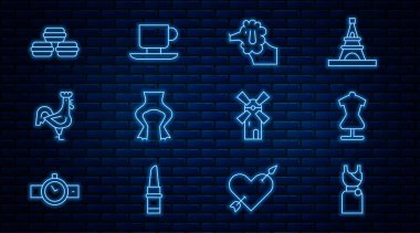 Set Hattı Kadın Elbisesi, Manken Köpek, Kurbağa Bacağı, Fransız Horozu, Makarna Kurabiyesi, Yel Değirmeni ve Kahve Kupası ikonu. Vektör