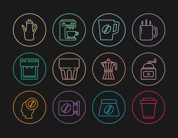 Set lijn Koffie kopje te gaan, Handmatige koffiemolen, Glas met water, machine, Theepot, moca en pictogram. Vector — Stockvector