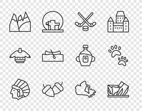 Set line Native American Indian, Royal Ontario museum, Ice hockey sticks and puck, Acorn, Mountains, Kayak canoe, Canada map and Paw print icon. Vector — Stock Vector