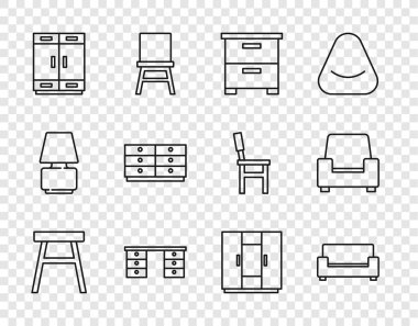 Set masası, kanepe, mobilya sehpası, ofis masası, gardırop, göğüs çekmeceleri ve Armchair ikonu. Vektör