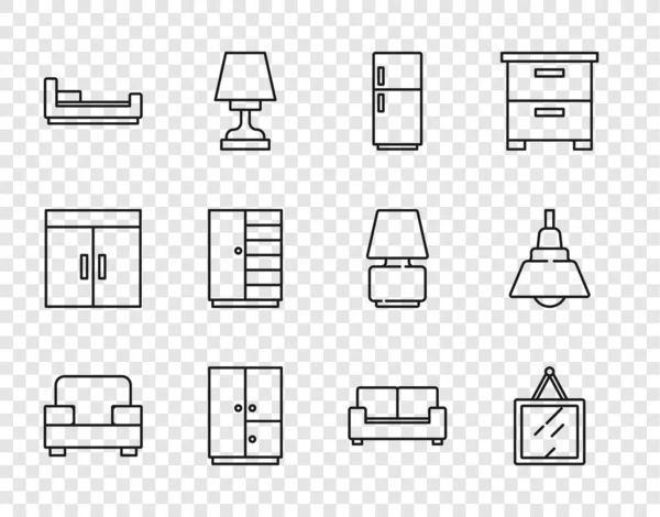 Set line πολυθρόνα, Καθρέπτης, Ψυγείο, Ντουλάπα, Κρεβάτι, Καναπές και Πολυέλαιο εικονίδιο. Διάνυσμα — Διανυσματικό Αρχείο