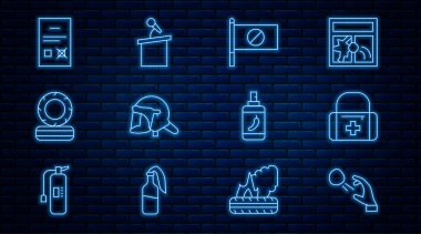 Hooligan 'ın taş atması, ilk yardım kiti, Protesto, polis miğferi, yanan lastikler, anket belgesi, biber gazı ve tribün ikonu. Vektör